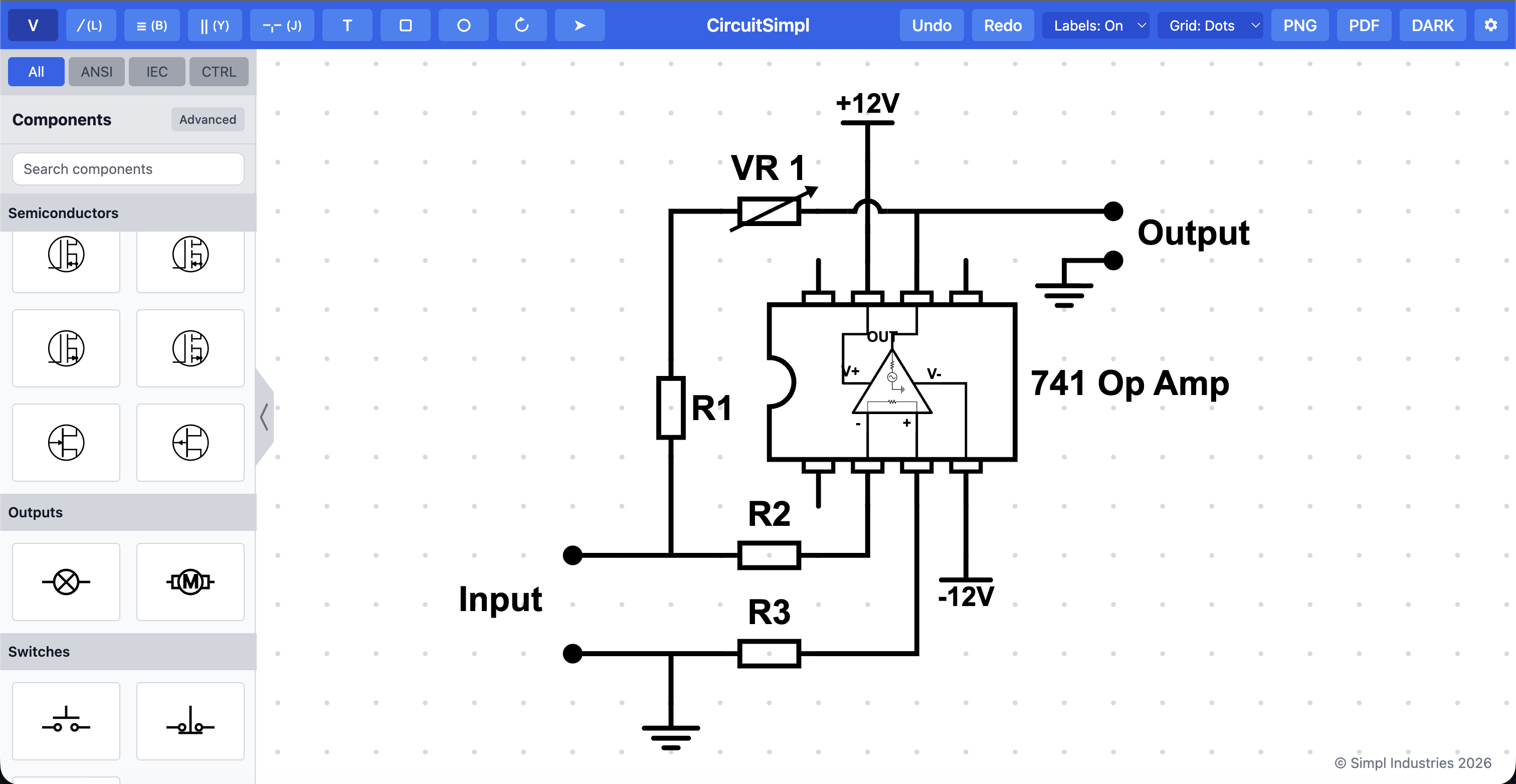 CircuitSimpl 741 op amp circuit example with labelled analog components.