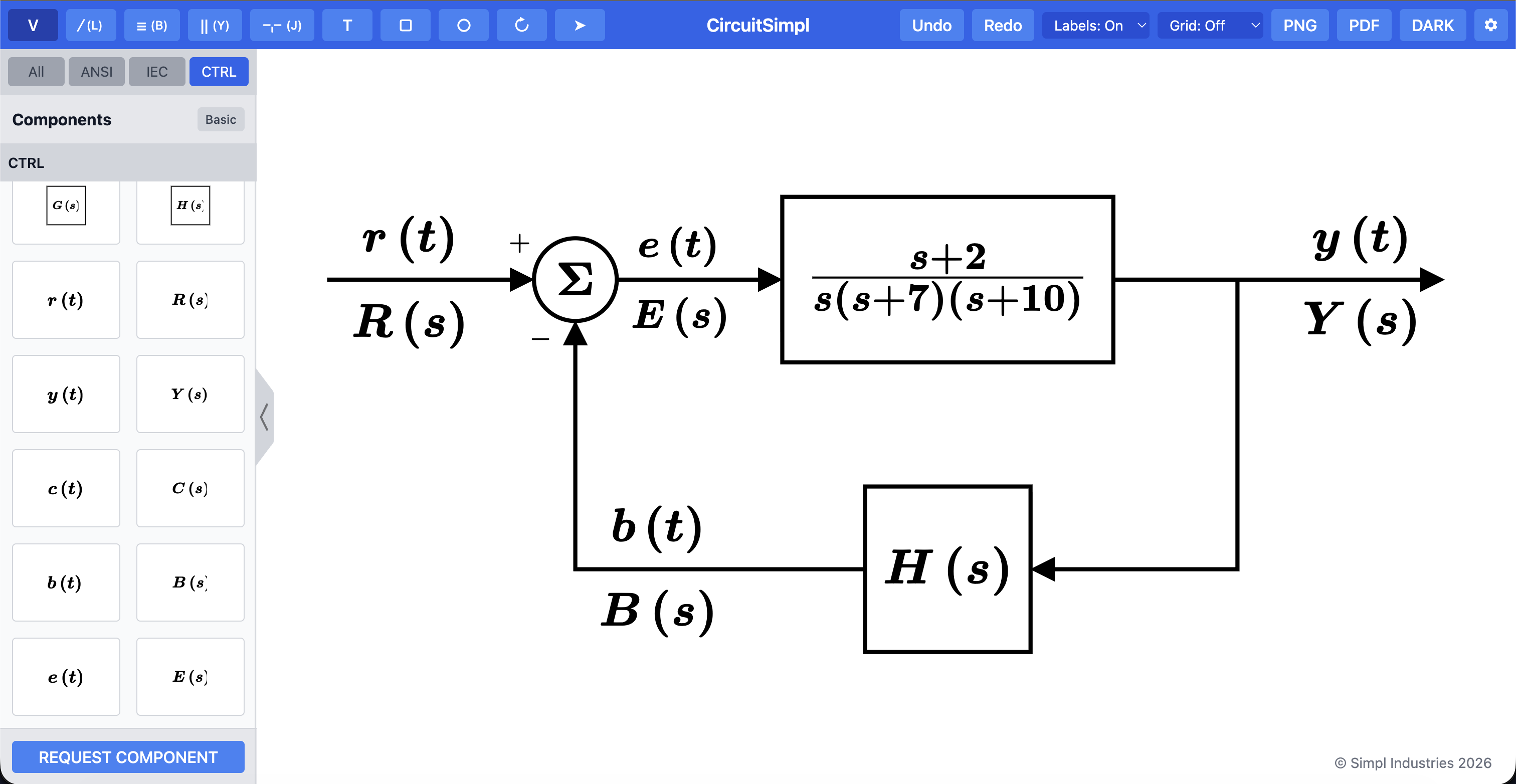 CircuitSimpl control-system block diagram example with transfer functions and feedback.
