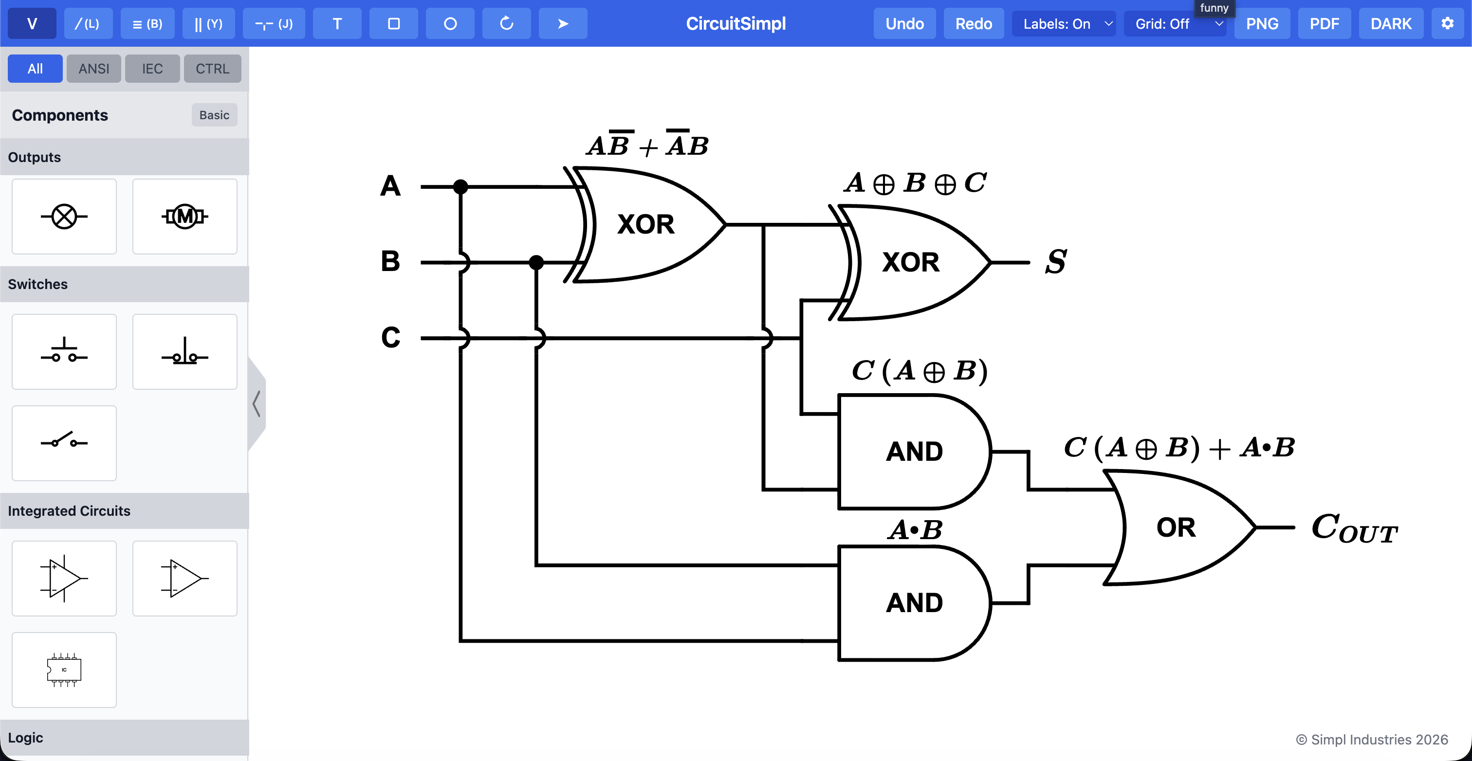 CircuitSimpl logic gate diagram example with digital logic structures.